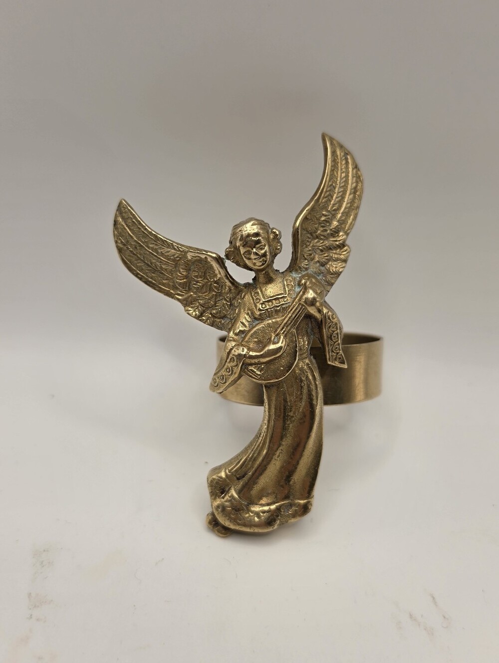 Cherub Playing Mandolin, Heavy Brass Figural Accent, Made in India, Napkin Ring